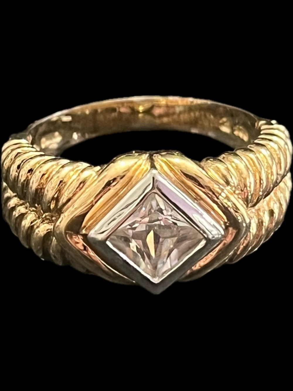 Suzanne Somers Vintage princess cut bezel set CZ Two tone, gold silver band ring